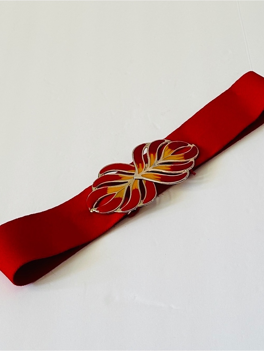 Vintage Red Satin Belt with Gold Enamel Floral Buckle